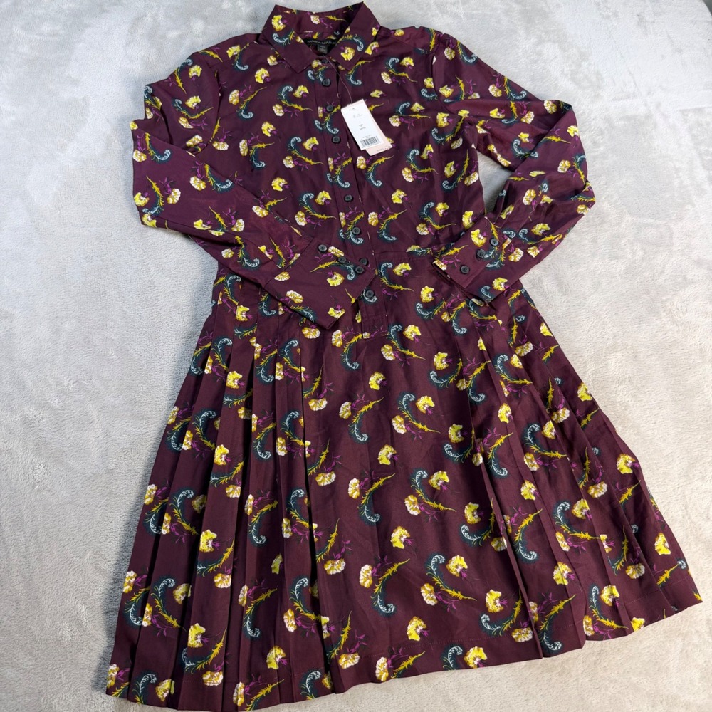 Banana Republic Pleated Shirt Dress Womens 2P Burgundy Floral Paisley Polyester